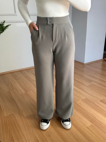 CDBR4084Kendy Gri Likralı Bel Çift Düğmeli Palazzo Pantolon