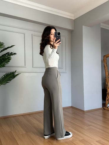 CDBR4084Kendy Gri Likralı Bel Çift Düğmeli Palazzo Pantolon