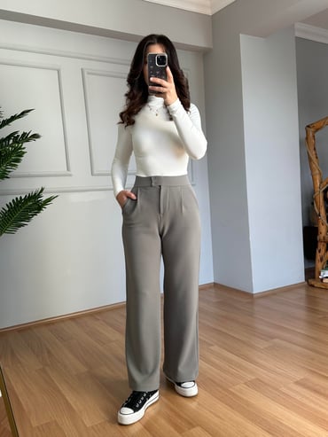 CDBR4084Kendy Gri Likralı Bel Çift Düğmeli Palazzo Pantolon