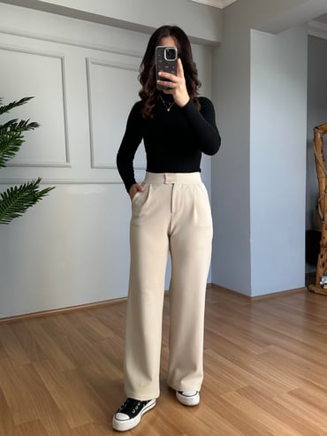 CDBR4086Kendy Krem Likralı Bel Çift Düğmeli Palazzo Pantolon