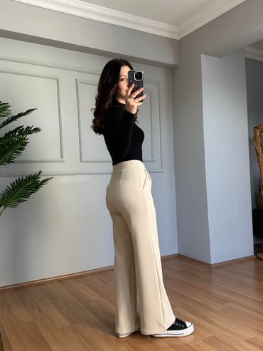 CDBR4086Kendy Krem Likralı Bel Çift Düğmeli Palazzo Pantolon