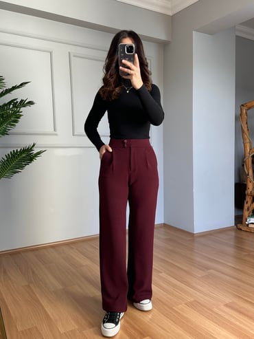 CDBR4088Kendy Mürdüm Likralı Bel Çift Düğmeli Palazzo Pantolon