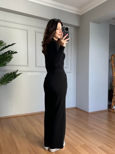 CDBR4089Kendy Siyah Likralı Bel Çift Düğmeli Palazzo Pantolon