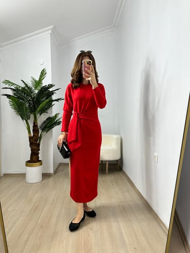CDBR3716Kırmızı Penye Modal Bel Bağlamalı Elbise