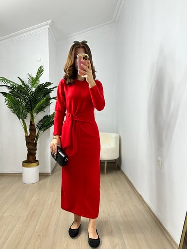 CDBR3716Kırmızı Penye Modal Bel Bağlamalı Elbise