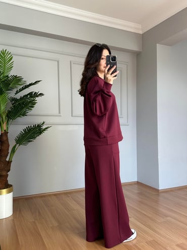 CDBR4090Lora Bordo Modal Kumaş Fermuarlı Eşofman takımı