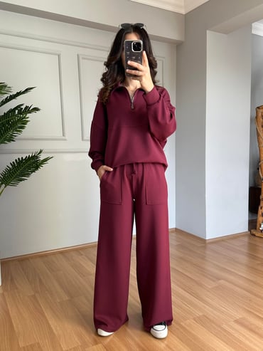 CDBR4090Lora Bordo Modal Kumaş Fermuarlı Eşofman takımı