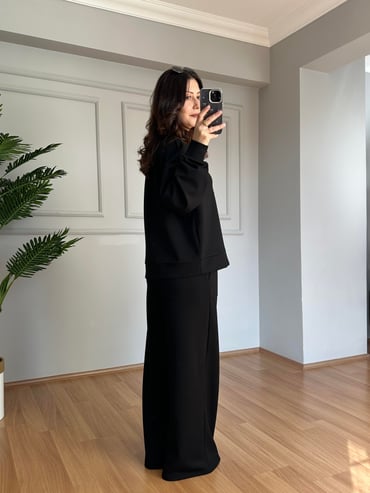 CDBR4091Lora Siyah Modal Kumaş Fermuarlı Eşofman takımı