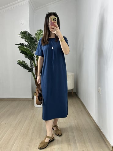 CDBR3841Rita Lacivert Orjinal Marka Yandan Yırtmaçlı Basic Elbise
