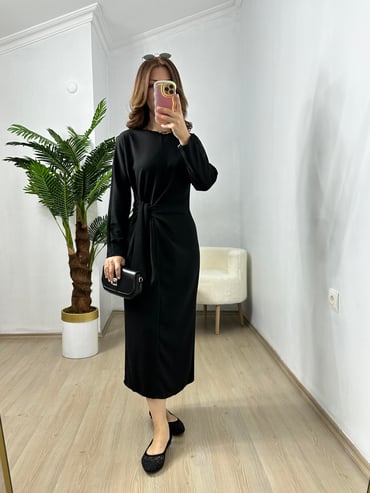 CDBR3715Siyah Penye Modal Bel Bağlamalı Elbise