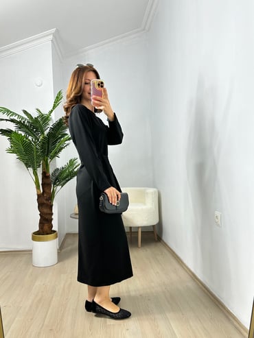 CDBR3715Siyah Penye Modal Bel Bağlamalı Elbise