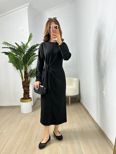 CDBR3715Siyah Penye Modal Bel Bağlamalı Elbise