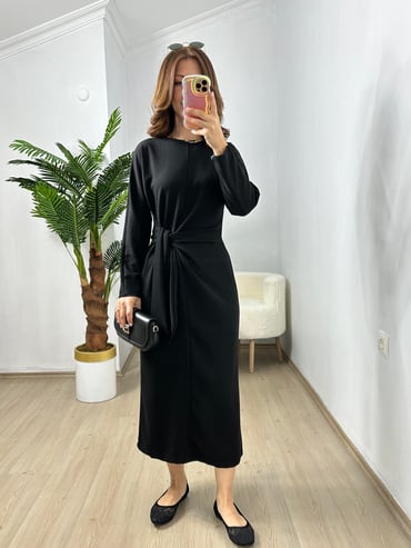 CDBR3715Siyah Penye Modal Bel Bağlamalı Elbise
