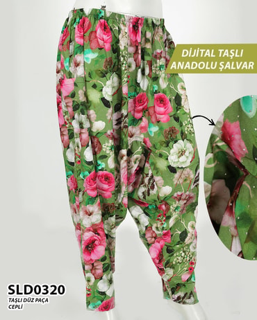Taş İşlemeli DİJİTAL Baskılı viskon Düz Paça Anadolu Şalvar (Cepli) SLD0320-1430SLD0320
