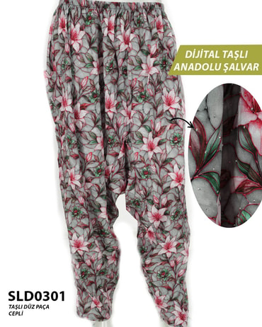 Taş İşlemeli DİJİTAL Baskılı viskon Düz Paça Anadolu Şalvar (Cepli) SLD0301-1401SLD0301