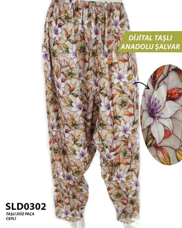 Taş İşlemeli DİJİTAL Baskılı viskon Düz Paça Anadolu Şalvar (Cepli) SLD0302-1403SLD0302