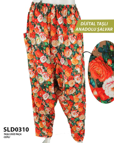 Taş İşlemeli DİJİTAL Baskılı viskon Düz Paça Anadolu Şalvar (Cepli) SLD0310-1411SLD0310
