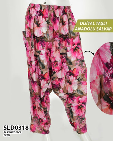 Taş İşlemeli DİJİTAL Baskılı viskon Düz Paça Anadolu Şalvar (Cepli) SLD0318-1427SLD0318