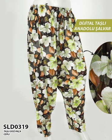Taş İşlemeli DİJİTAL Baskılı viskon Düz Paça Anadolu Şalvar (Cepli) SLD0319-1428SLD0319