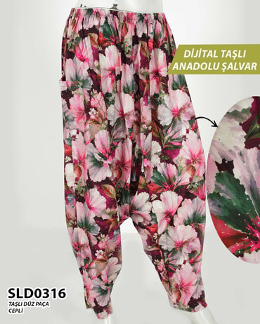 Taş İşlemeli DİJİTAL Baskılı viskon Düz Paça Anadolu Şalvar (Cepli) SLD0316-1423SLD0316