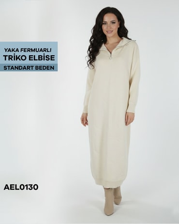 YAKA FERMUARLI TRİKO ELBİSE Standart AEL0130-21514AEL0130