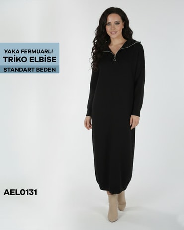 YAKA FERMUARLI TRİKO ELBİSE Standart AEL0131-21524AEL0131