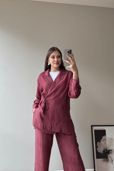 Bordo Baskılı Bağlama Detay Premium Takım