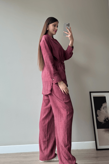 Bordo Baskılı Bağlama Detay Premium Takım
