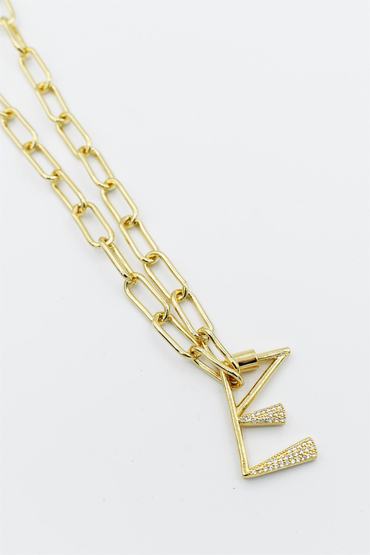 E Vidalı Taşlı Harf Kolye 