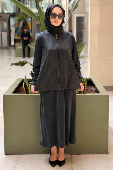 Nurcan Çetin Bürümcük Kumaş Kombinli Önden Fermuarlı Kap Etek Takım