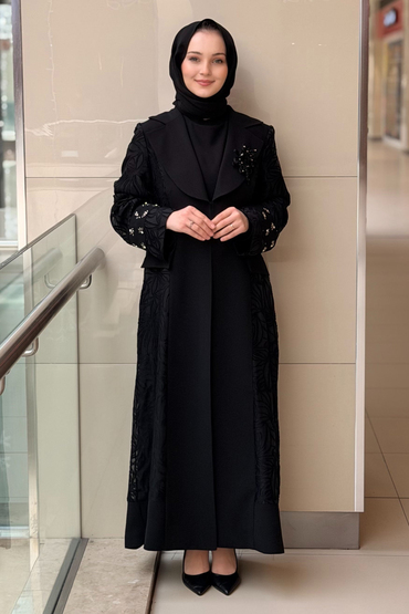Matex Kruvaze Yaka Kol Uçları Taşlı Yakma Kap Uzun Kollu İçlikli B.Beden İkili Abaya