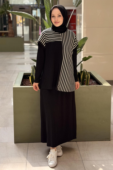 Nurcan Kontrast Çizgi Desenli Tunik İçlik Etek 3'lü Takım