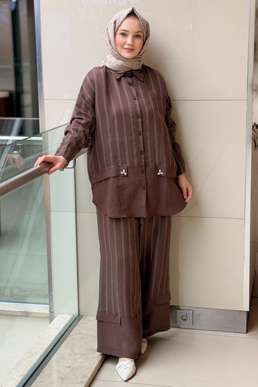 Ceremony İstridye Detaylı Çizgili Pantolonlu Takım