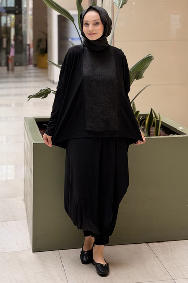 Nurcan Çetin Önü Bürümcük Kumaş Kombinli Tunik Şalvar Takım