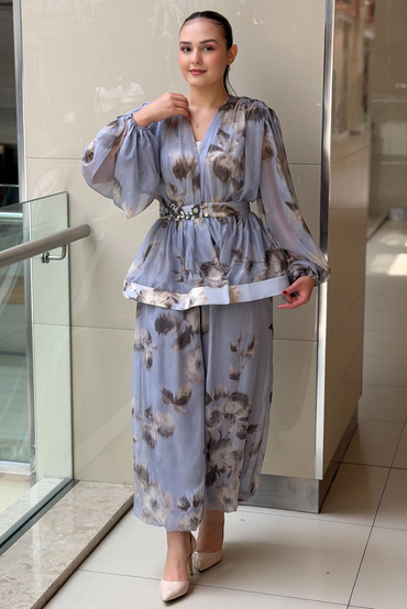 Mianotte Beli Taşlı Bluz Desenli Şifon Pantolonlu Takım
