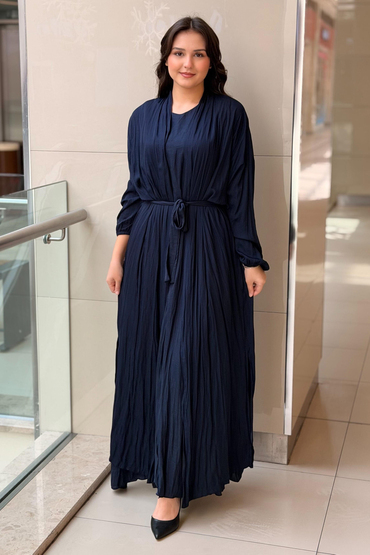 Ceremony İç Elbiseli Önden Kapalı Pile Kaftanlı Cupra Elbise Takım