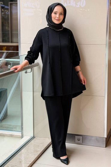 Fuat Gürşen Biye Detaylı kristal Taş İşlemeli Tunik Pantolon