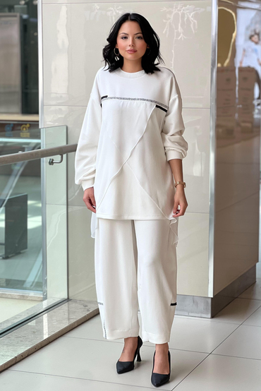 Ghisa Göğsü Şerit Taşlı Şifon Detaylı Tunik Pantolon Takım