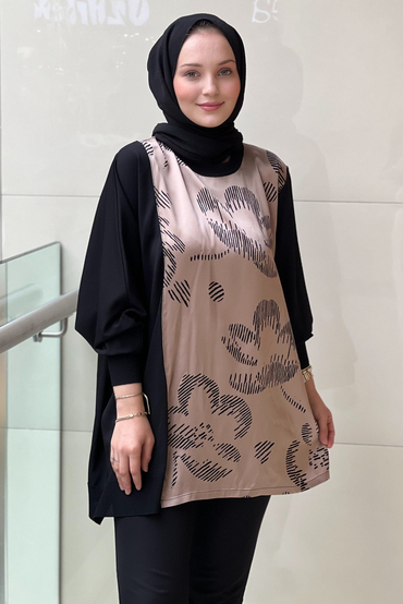 Ghisa Saten Triko Kombinli Desenli Tunik