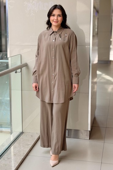 Nurcan Çetin Broş Detaylı Gömlek Pantolon Basic Takım