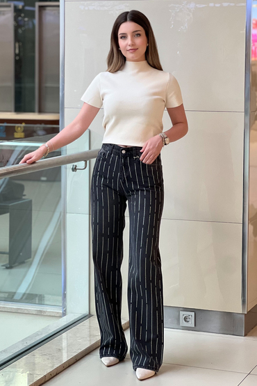İpekyol Hotfix Baskılı Wide Leg Fit Jean Pantolon