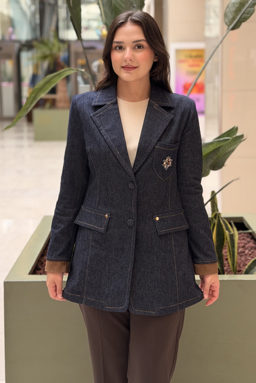 Ceremony Cebi Broş Detaylı Örme Denim Ceket