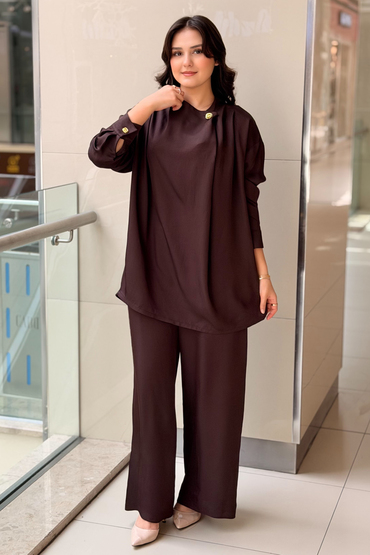 Ghisa Yaka Gold Düğmeli Asimetrik Kesim Tunik Pantolon Takım