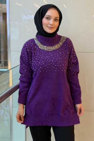 Nuss Sıfır Yaka Serpme Boncuk İşlemeli Angora Tunik