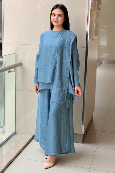Ceremony Bluzunun Önü Parçalı Bol Paça Pantolonlu Nil Takım