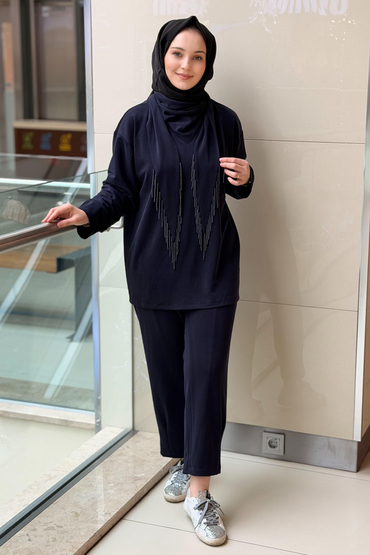 Ghisa Boncuklu Şal Yaka Tunik Pantolon Takım