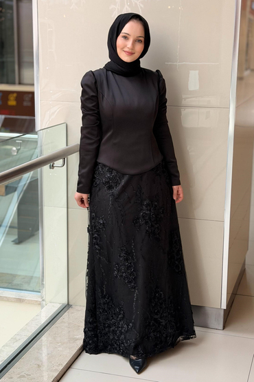 Fashion Night Kabartma Gül İşli Bluz Etek İkili Abiye Takım