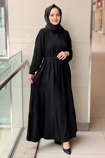 Nurcan Çetin Nakış Detaylı Kuşaklı Cotton Elbise