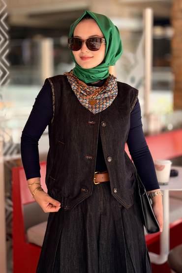Twist Fularlı Denim Yelek