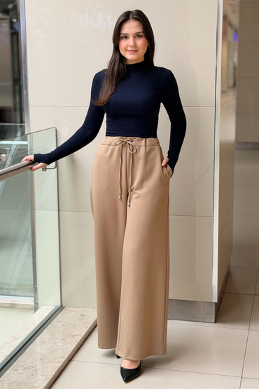 Sentez Jessica Kapak Cepli Geniş Paça Pantolon